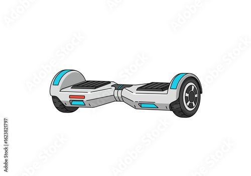 Sleek light grey hoverboard with bright blue accents on a white background