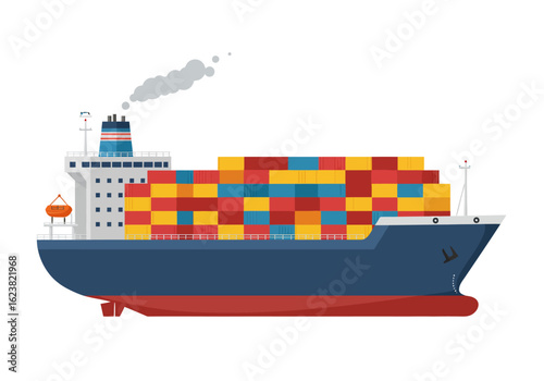 A container ship chugs along with stacked cargo