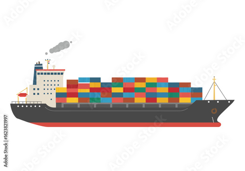 Cargo ship with colorful containers billowing smoke sailing the sea