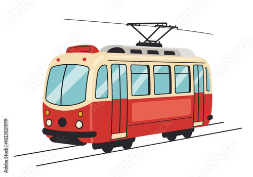 Vintage red and cream tram car on parallel tracks