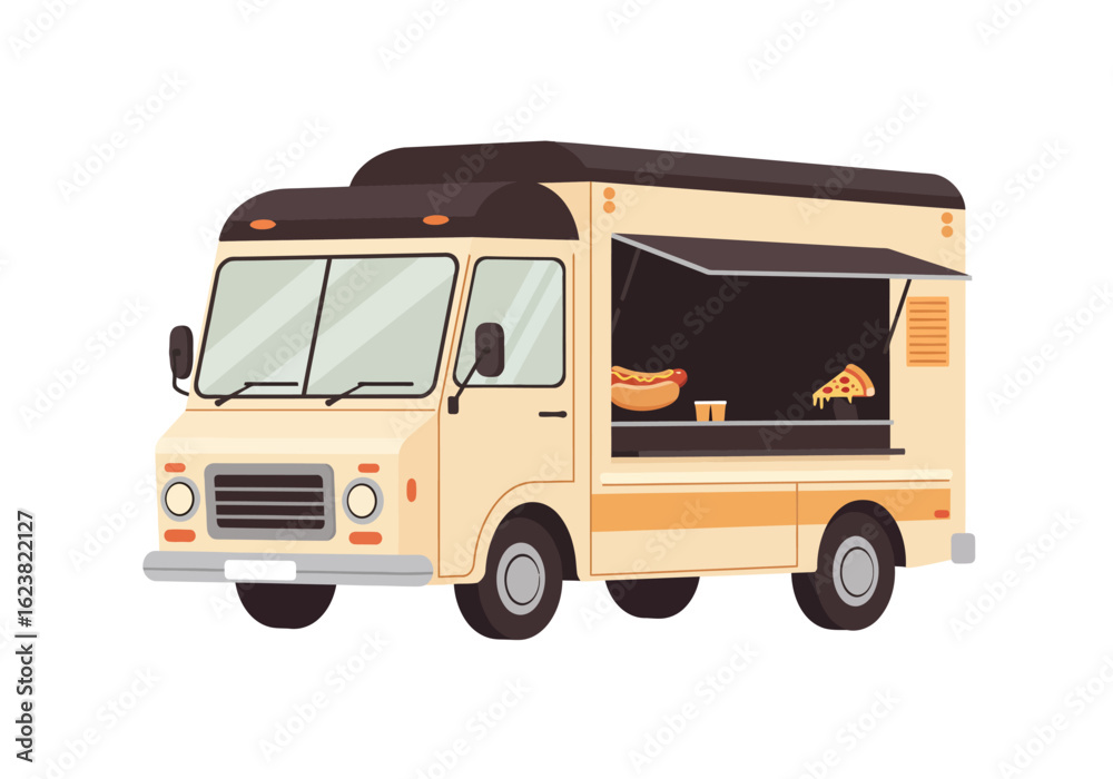 Retro food truck serving up pizza and hot dogs with a vintage vibe Retro food truck serving up pizza and hot dogs with a vintage vibe