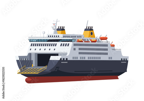 Vector graphic shows a modern ferry boat