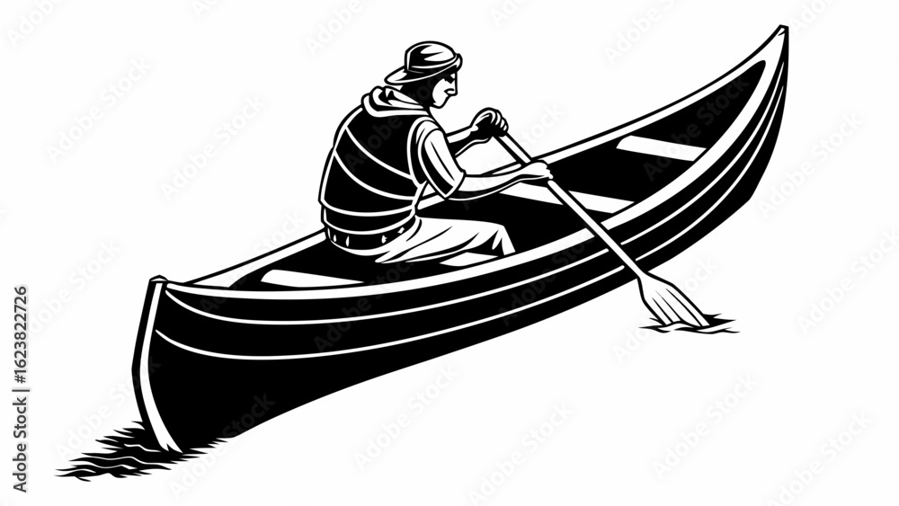 Fototapeta premium A black and white illustration of a person paddling a canoe on the water with a paddle in hand created with generated ai