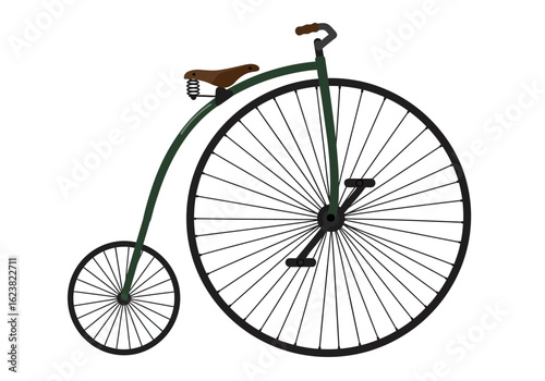 A vintage bicycle with its large front wheel poised for a ride