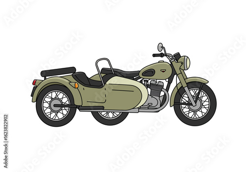Vintage sidecar motorcycle parked light olive drab color