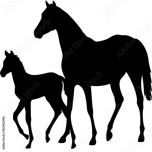 Profile silhouette of a foal walking beside an adult horse, both rendered in solid black. Their forms are stylized and harmonious, standing against a white background in a minimal, symbolic style.