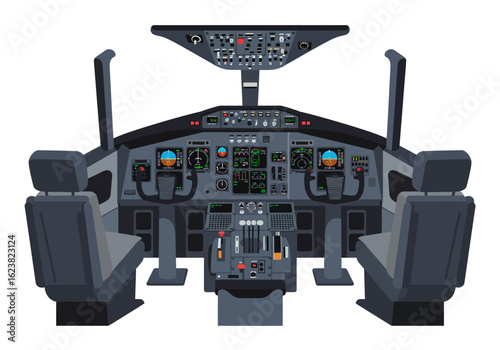 Aircraft cockpit view with displays controls seats ready for take off