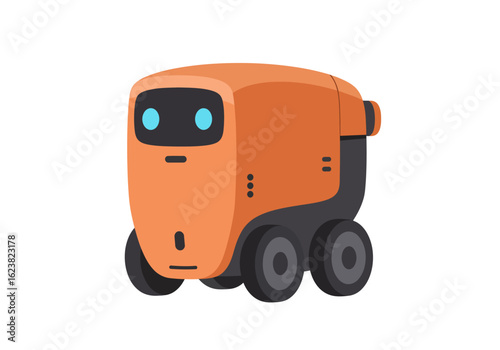 Friendly autonomous robot vehicle with orange body and four wheels on a white background