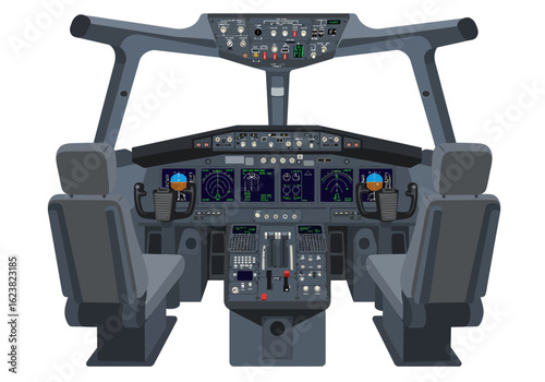 Pixelated aircraft cockpit pilots stations control panel yoke instruments
