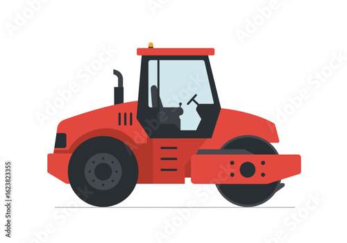 Asphalt Paving A red road roller with a cabin flattens asphalt on a white background