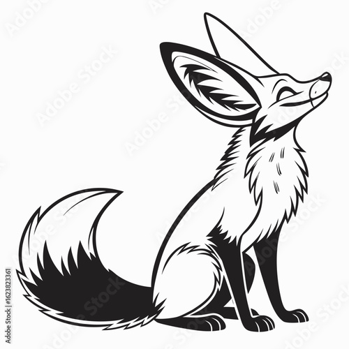 Stylized illustration of a fennec fox sitting with large ears and fluffy tail in black and white created with generated ai