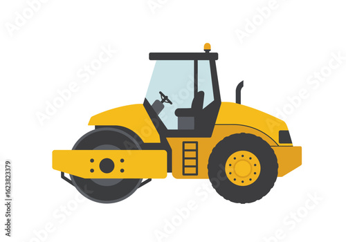 Rolling thunder A yellow road roller ready to flatten surfaces with its heavy drums