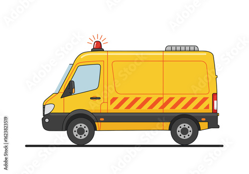 Cartoon yellow van with red hazard lights and orange reflective stripes on a white background