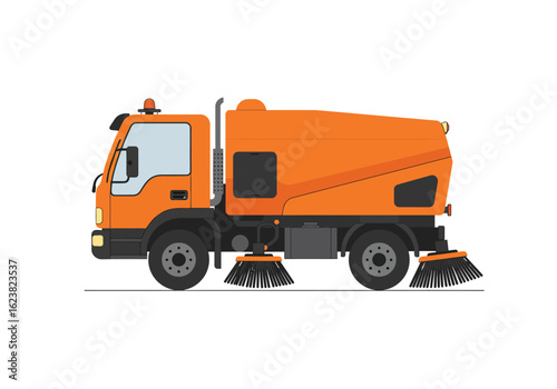 Orange street sweeper truck with rotating brushes