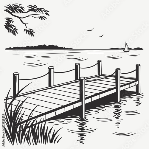 Illustration of a wooden dock extending into water with a sailboat and foliage in the background created with generated ai