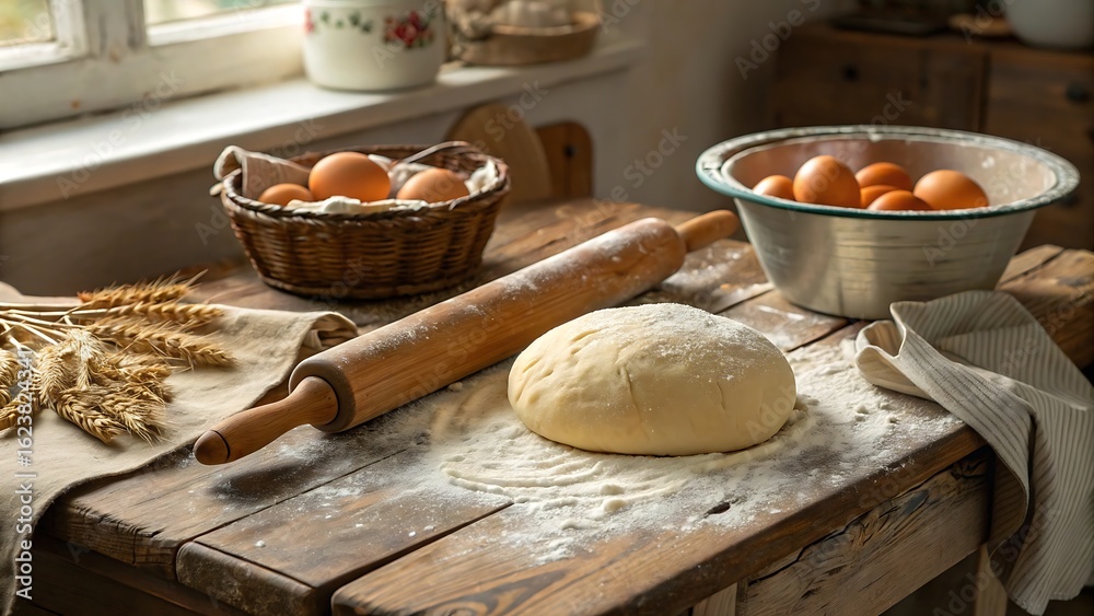 Fototapeta premium Rustic Kitchen with Dough and Ingredients – Homemade Bread Preparation Scene