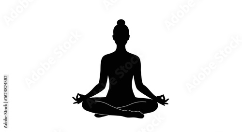 Silhouette of a person meditating in a lotus position with fingers in a mudra gesture, symbolizing peace and mindfulness