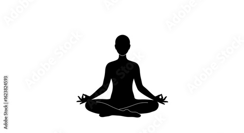 A serene silhouette of a person meditating in the lotus position. A minimalist icon representing mindfulness, balance, and inner peace.