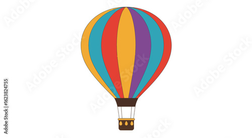 Colorful hot air balloon with striped pattern. Vector illustration of an aerostat for travel and adventure, isolated on a white background.