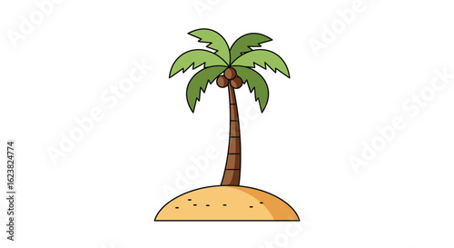 A vibrant cartoon illustration of a single coconut palm tree on a tiny desert island, a classic symbol of tropical vacation and paradise.