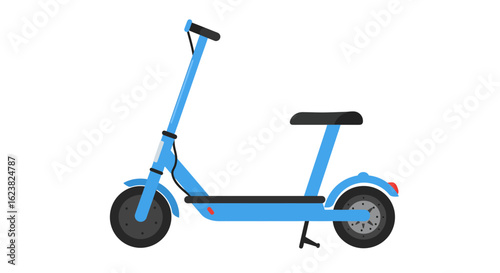 Sleek blue electric scooter with a seat, a symbol of convenient, eco-friendly urban mobility and the future of sustainable personal transportation.