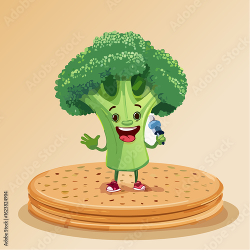 This bold broccoli drops cheesy one-liners under a cracker spotlight, earning laughs and crumbs.