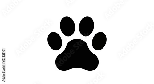 Monochrome animal paw print silhouette. A simple black icon representing a pet dog or cat track, isolated on a white background.