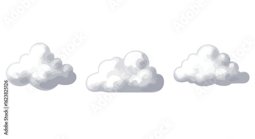 A set of three painterly style cumulus clouds. A digital illustration collection of soft, fluffy weather elements isolated on a white background.