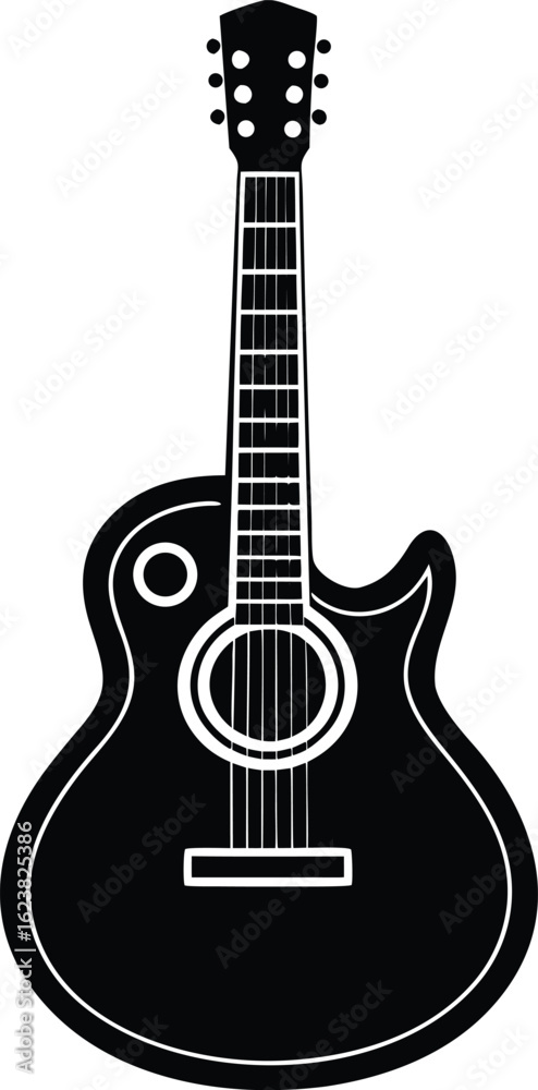 Fototapeta premium Vector art of black silhouette of an acoustic guitar isolated on white background, a classic musical instrument with strings and frets, perfect for musicrelated designs and concepts
