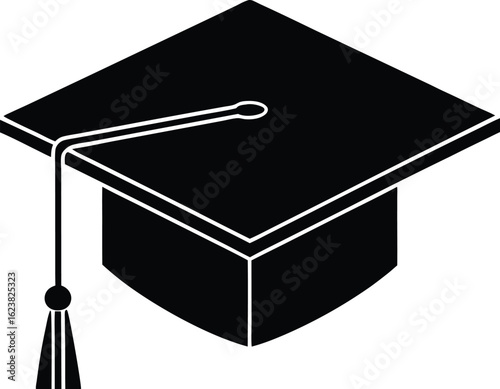 Vector art of black and white illustration of a graduation cap with a tassel, representing academic achievement and education, isolated on white background
