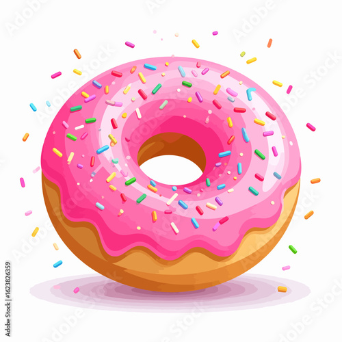 Delicious pink frosted donut with colorful rainbow sprinkles. A sweet, sugary pastry dessert treat shown as a vector graphic illustration.