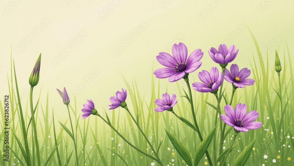 Fototapeta premium Watercolor illustration portrays vibrant purple wildflowers growing amidst lush grass