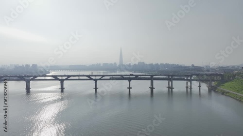 Wallpaper Mural Drone View of Seoul city in South Korea, Ttukseom Island, Cheongdam Bridge, Summer Torontodigital.ca