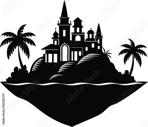 Vector art of black silhouette of a fantasy castle on a tropical island with palm trees and ocean waves, representing a dream destination or a secluded paradise