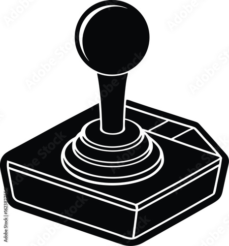 Vector art of black silhouette of a classic joystick controller for retro arcade video games, representing gaming, entertainment, and nostalgic digital fun