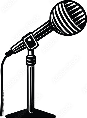 Vector art of black and white illustration of a vintage microphone on a stand, isolated on a white background