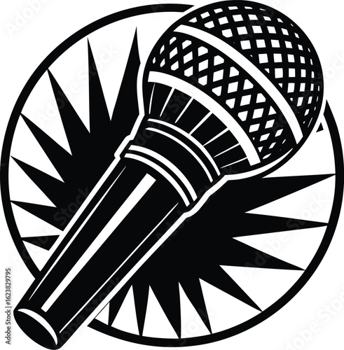 Vector art of black and white illustration of a microphone inside a circular burst design, isolated on a white background