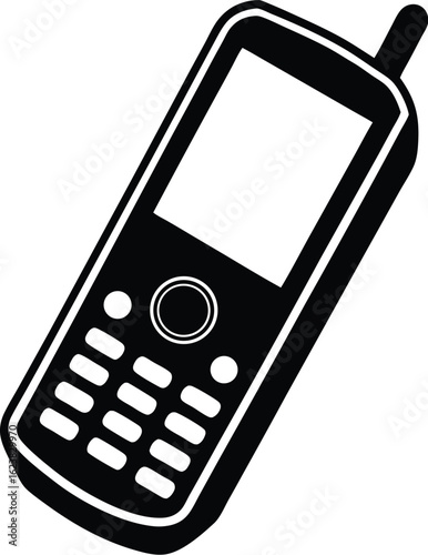 Vector art of black and white illustration of an oldfashioned mobile phone with a keypad and antenna, representing communication technology