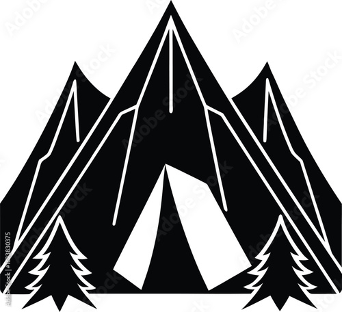 Vector art of stylized black and white graphic of mountains with a tent and pine trees, symbolizing camping, adventure, and outdoor exploration with bold, sharp lines