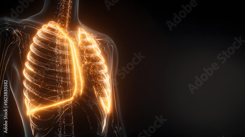 Luminous Human Thorax with Highlighted Ribs and Lungs for Medical Visualization