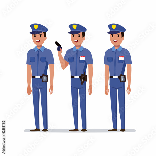 A vector character set of a male police officer in a blue uniform. Flat design illustration showing different poses, including holding a firearm.