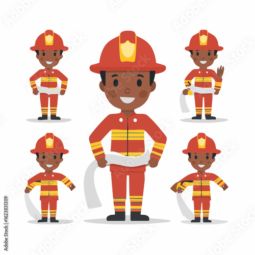 Vector character set of a young firefighter in red uniform with helmet and hose. Multiple poses including front and side views.