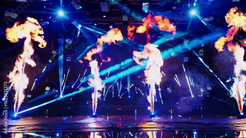 Loopable EDM concert stage with synchronized vertical fire jets and blue strobe lights, dark background, high-energy night scene for event visuals and music video overlays
