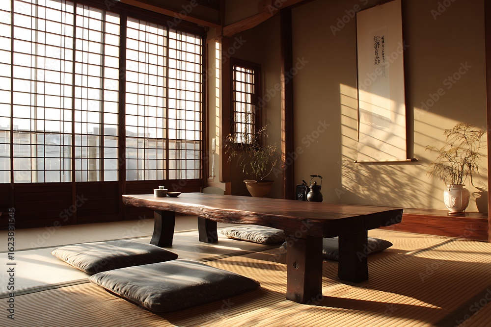 Fototapeta premium Calm Japanese-style space with warm wood and soft light