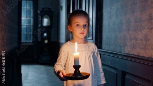 Dimly lit Victorian mansion, a young girl tiptoes down a long eerie hallway, clutching a flickering candle as she glances around nervously, her heart pounding in the silence.