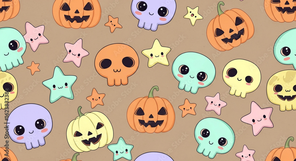 Obraz premium Cute halloween pattern background with pumpkins skulls and stars vector illustration