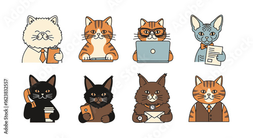 Illustrative depiction of eight cats in business attire performing various office related activities