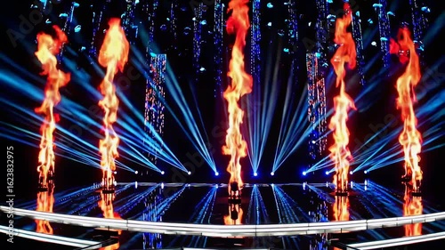 Loopable stage performance background with vertical fire bursts and radial blue lights on glossy black floor, ideal for concert visuals, music show intros, and entertainment overlays