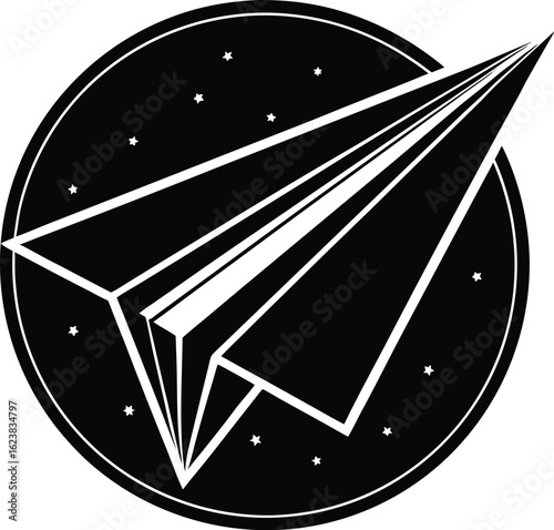 Vector art of black and white paper airplane within a starry circle, representing space travel, imagination, and cosmic dreams