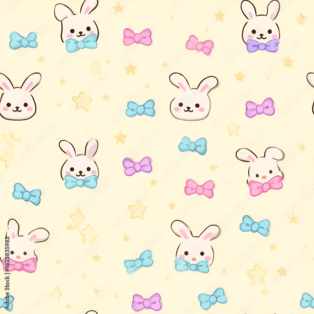 Cute pattern with bunnies and bows scattered among stars creates a whimsical and charming design. Cute pattern with bunnies and bows scattered among stars creates a whimsical and charming design.